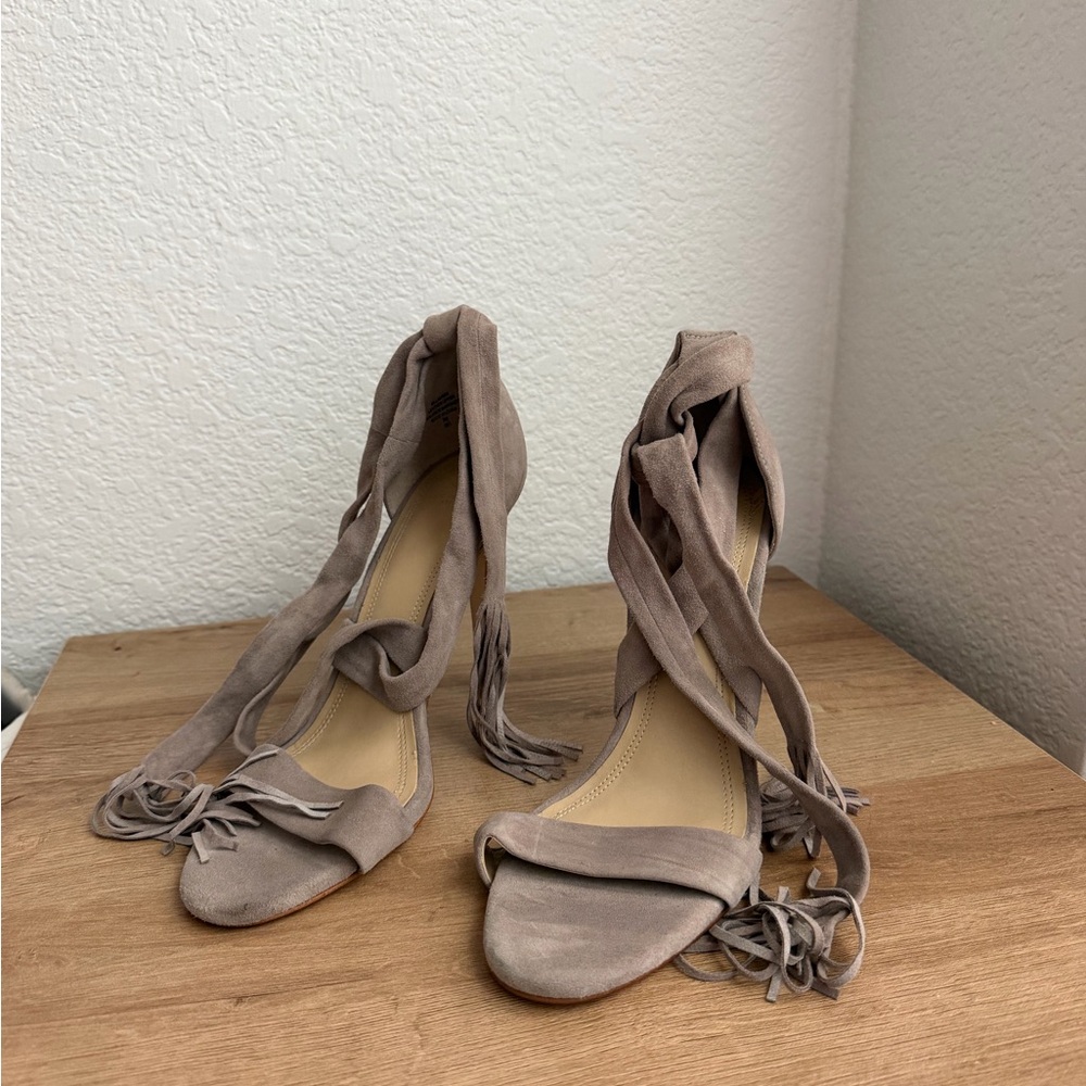 Marc Fisher grey nubuck leather ankle strap sandals, featuring qtassel suede